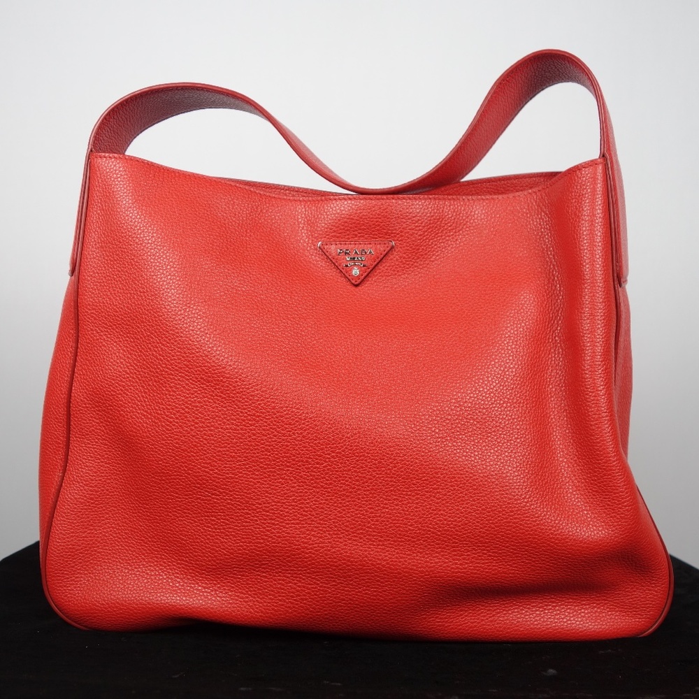Prada Vitello Daino Red Leather Hobo Bag w/ Silver-Tone Hardware & Snap Closure